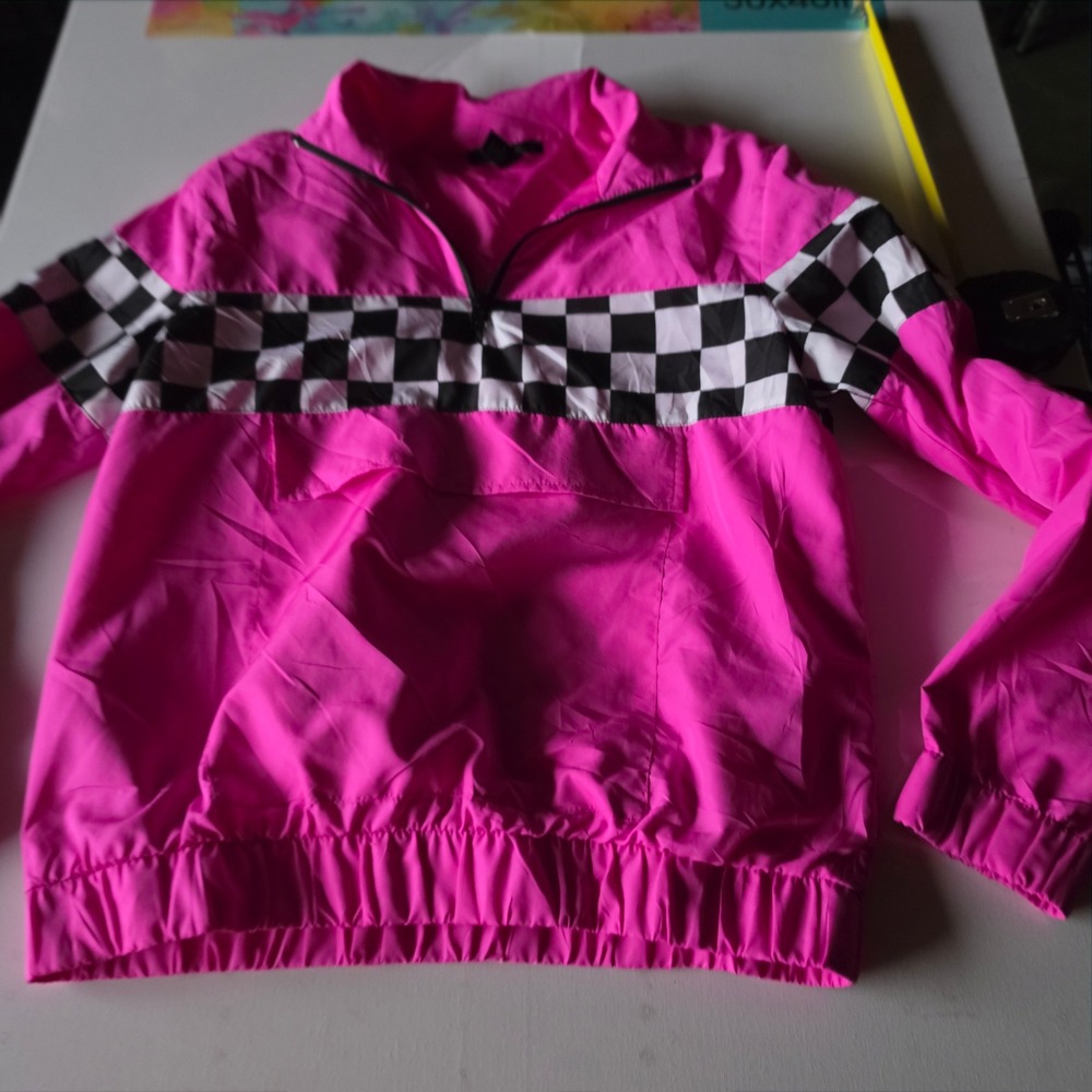 Forever 21 Hot Pink Checkered Racing Stripe Half Zip Windbreaker Jacket Small